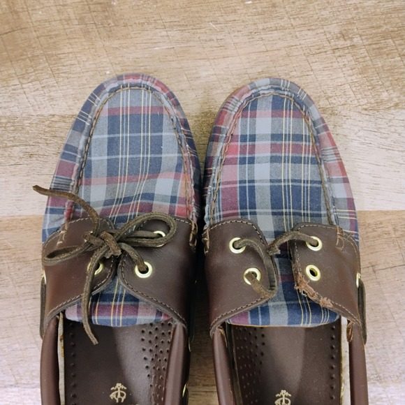 Brooks Brothers Mens Size 8 D Boat Shoes Blue Red Plaid Brown Leather‎ Loafers - Picture 7 of 12